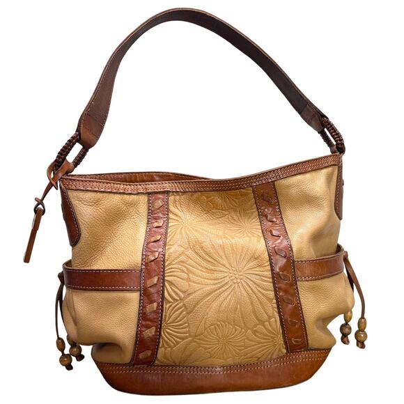 Fossil Vintage Tooled Leather Hobo Bag Embossed Floral Boho Two-Tone Tan 75082 - Picture 1 of 16